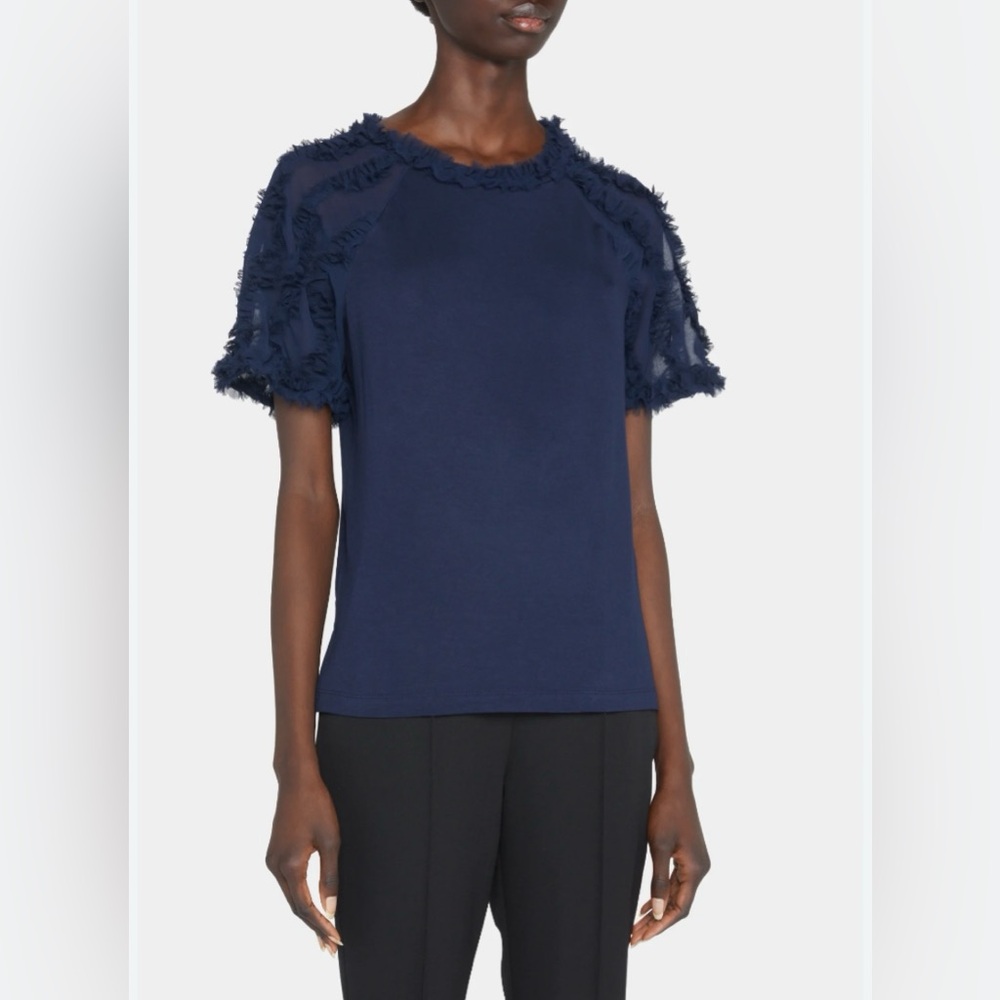 Kobi Halperin Designer Betsy Navy Feather Ruffle Sleeve Tunic Size M NWT